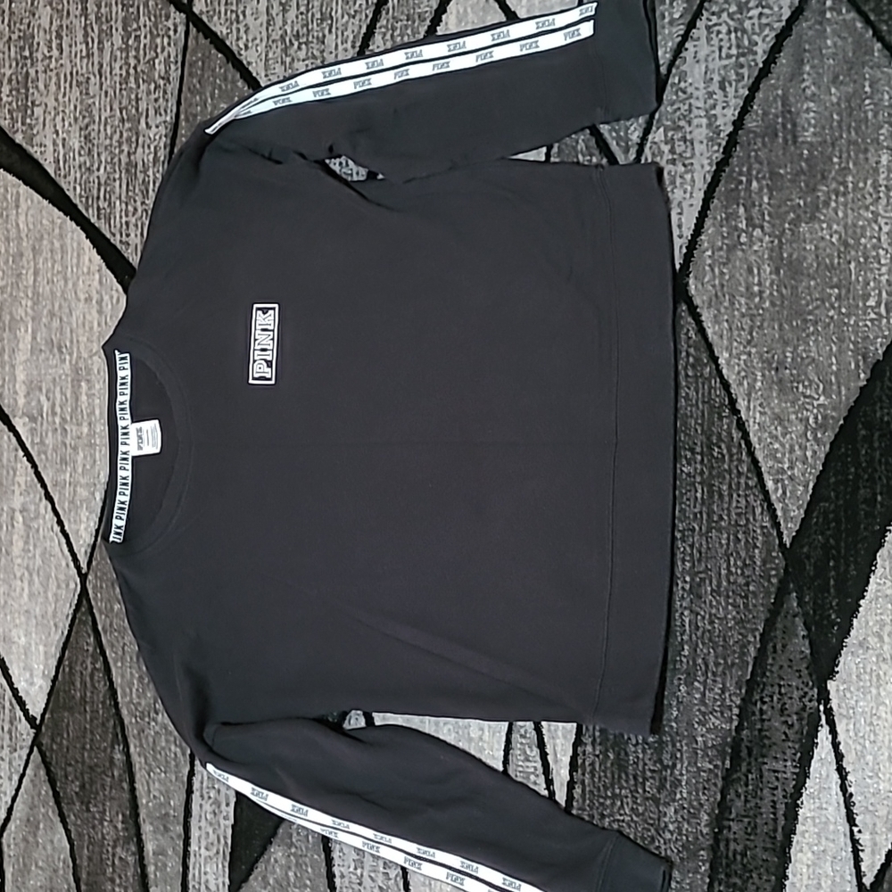 VS PINK 2017 Campus Sleeve Ticking Logo Crew Sweatshirt